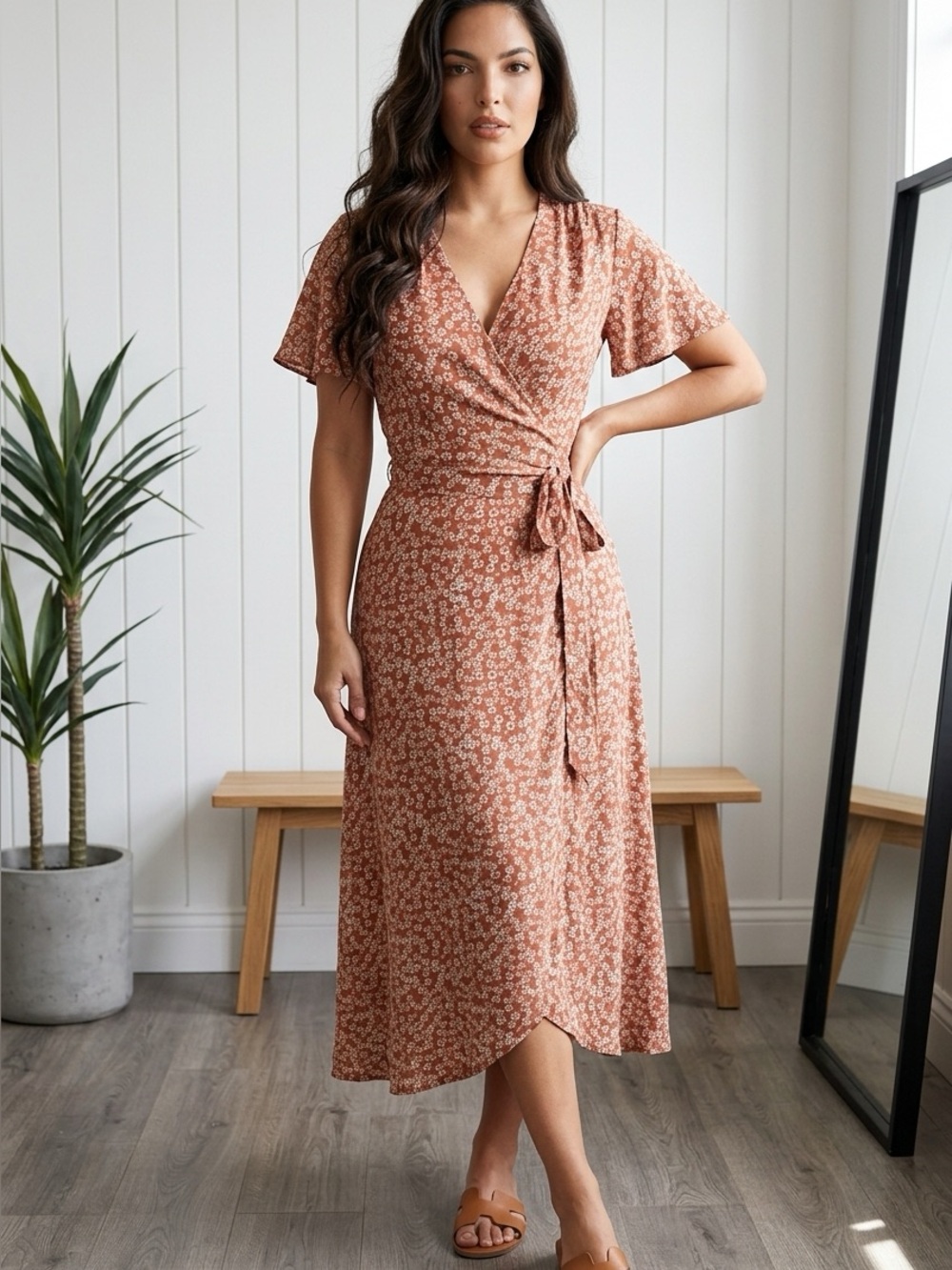 Sage Terra Cotta Floral Wrap Midi Dress